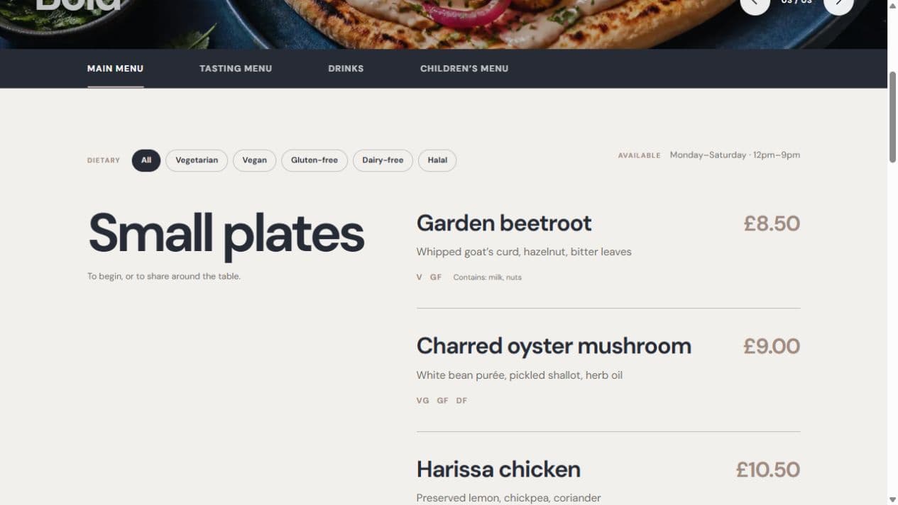 BuiltBy2 customer menu with menu tabs, dietary filters, dishes and prices