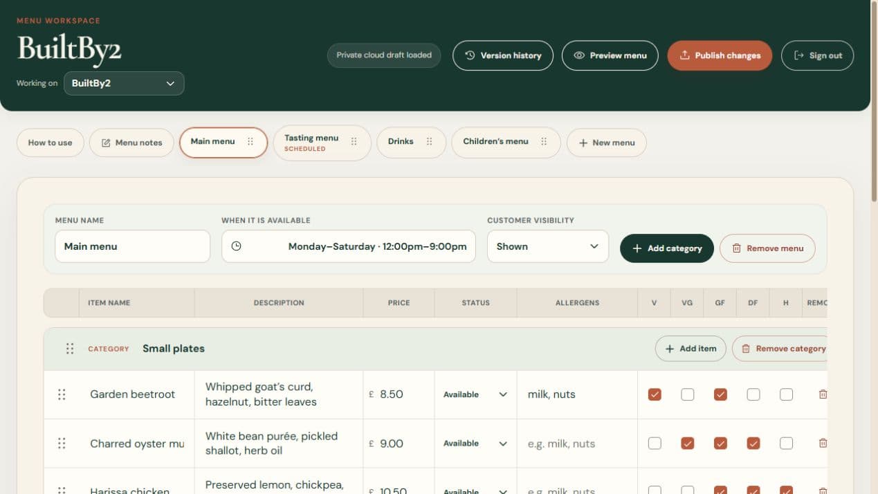 BuiltBy2 editing workspace showing menu tabs, editable dishes, prices and the save status