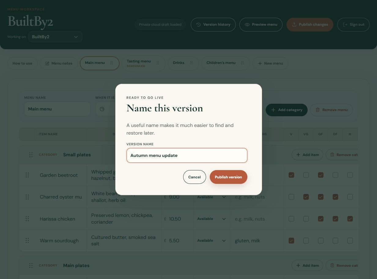 Publish confirmation with a version name and Publish version button