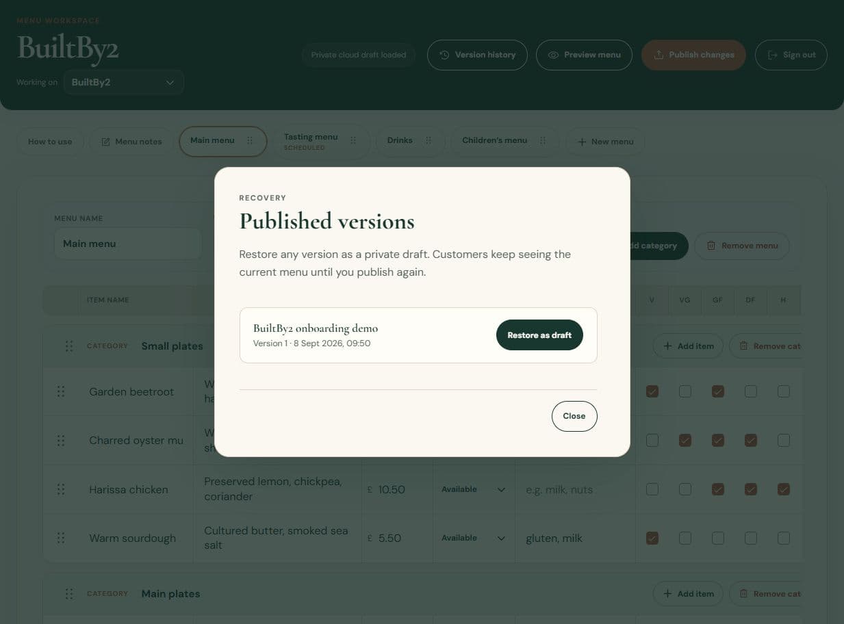 Published versions dialog with a named version and Restore as draft button