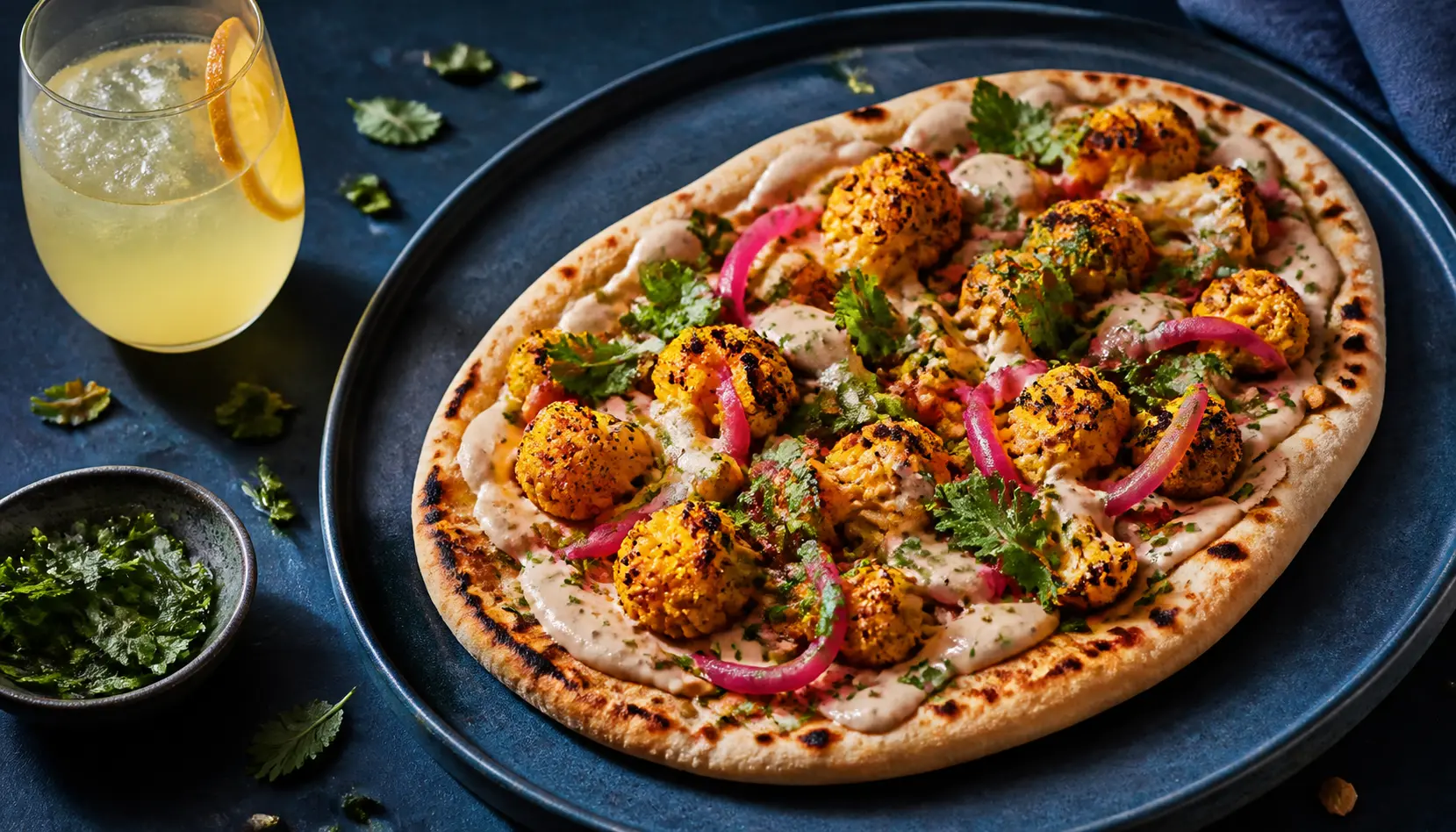 Harissa-roasted cauliflower flatbread with a citrus drink