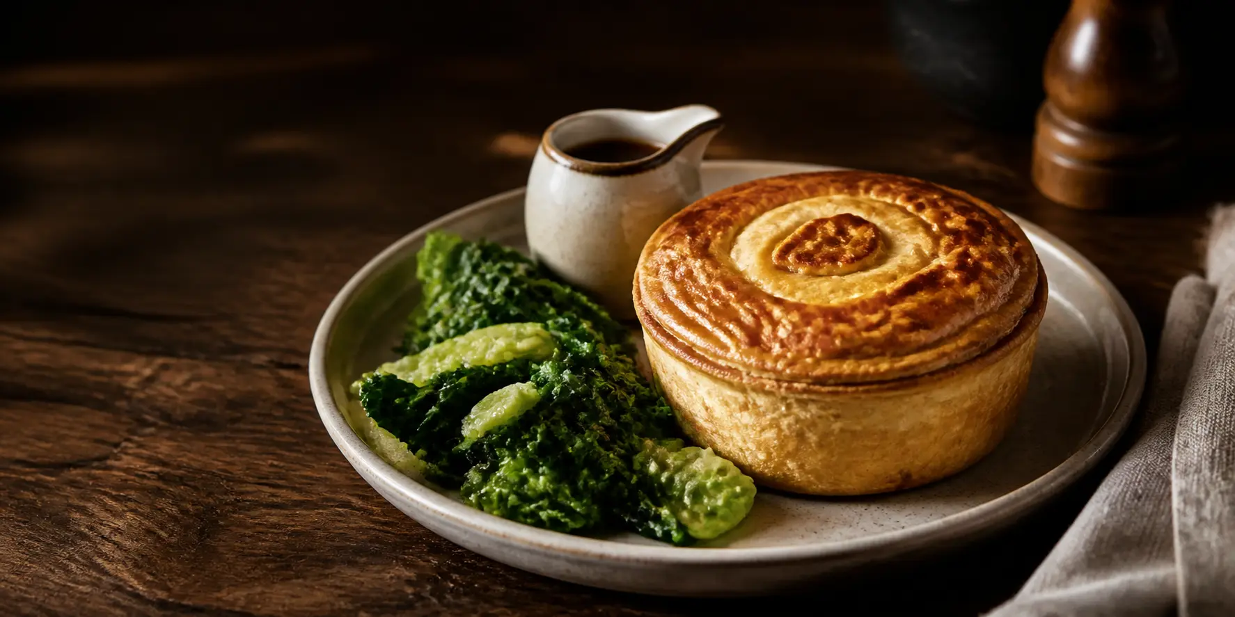 A golden individual pie with greens and gravy